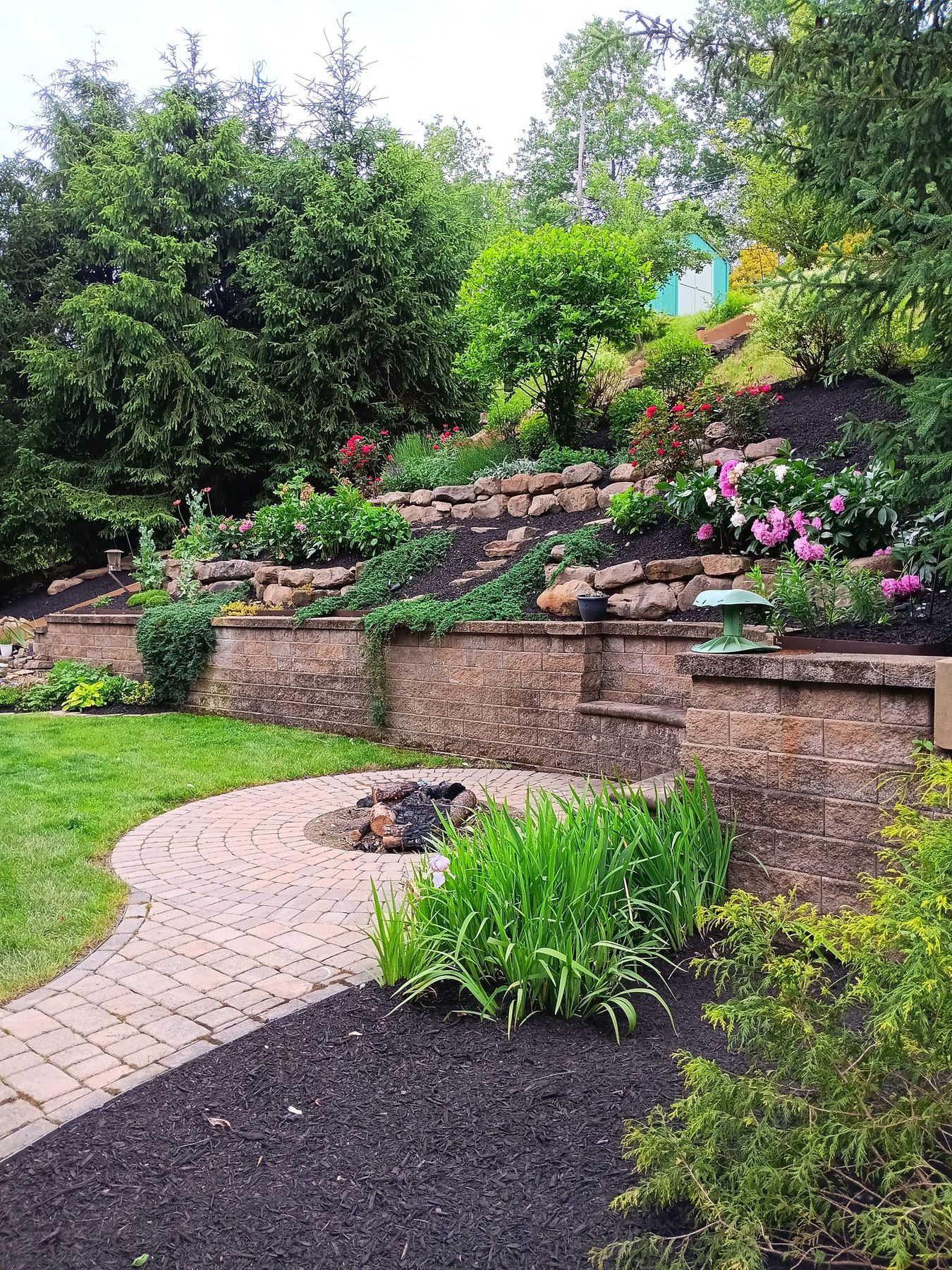 A circular paver patio with a fire pit below a block retaining wall and terraced planting beds